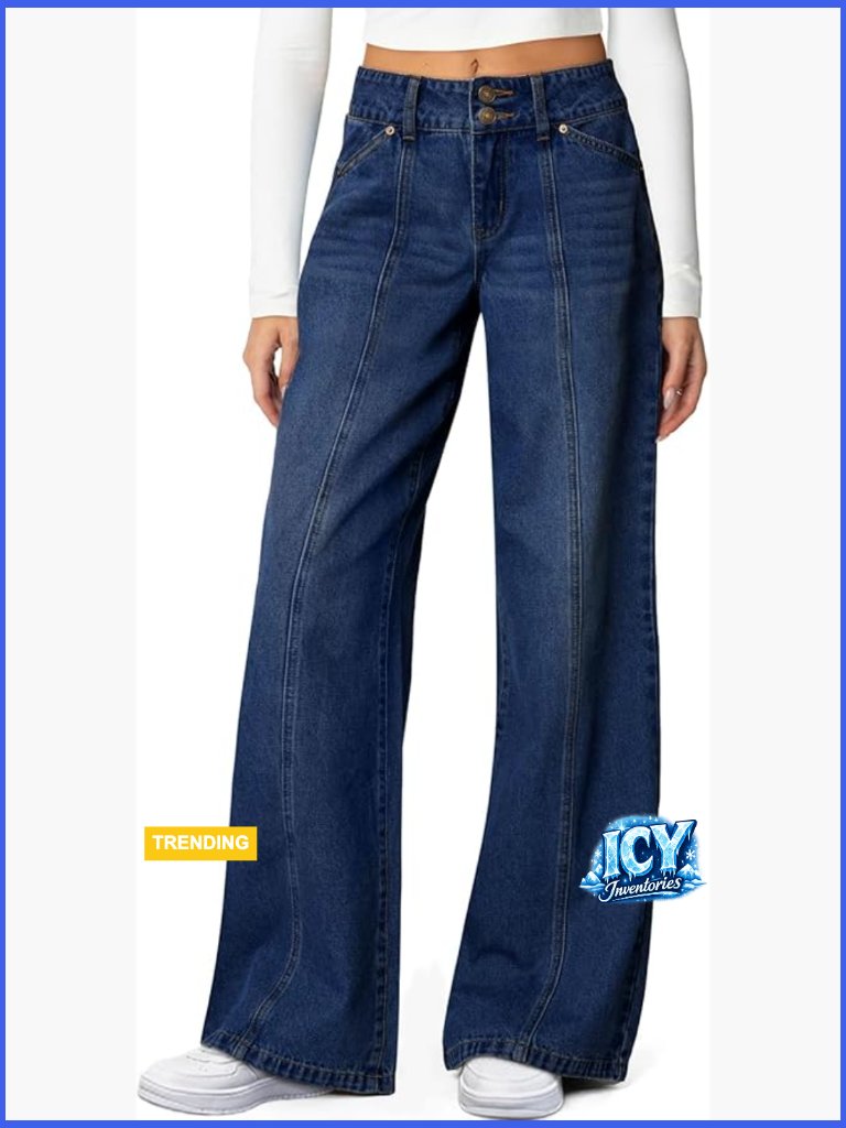 High Waisted Wide Leg Straight Leg Jeans Trendy Seamed Front Loose Denim Pants